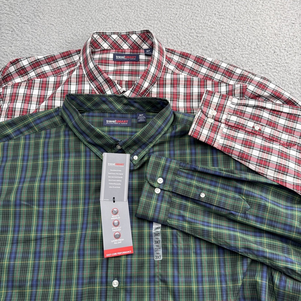 2 (TWO) TravelSmart Dress Casual Shirt Mens XXXL Tall L/S Plaid Roundtree Yorke